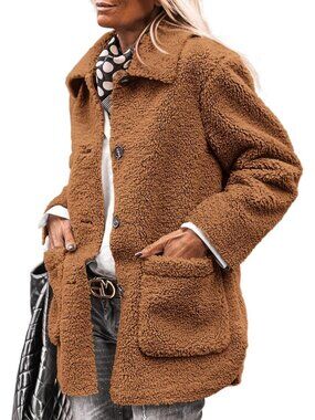 Women's Golden Camel Fleece Sherpa Coats Winter Outfit Warm Faux Fur Fall Jacket
